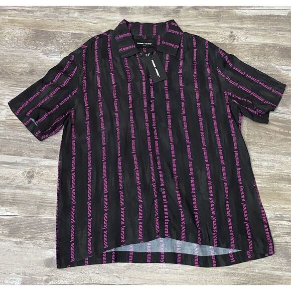 Homme + Femme Striped Logo Button Down Shirt Short Slv Black Purple Men’s Medium - Picture 1 of 4